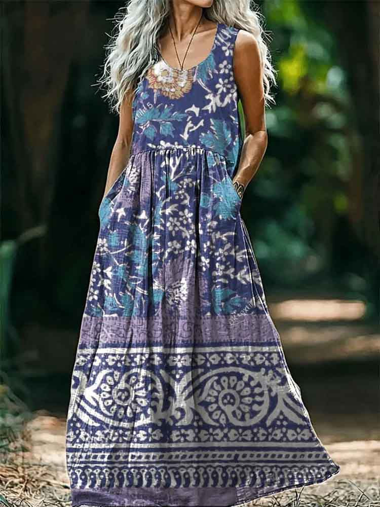 Women's Floral Embellished Pattern Art Print Round Neck Sleeveless Cot