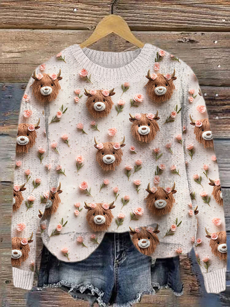 Valentines Day Roses & Highland Cow Cozy Knit Sweater artswardrobe