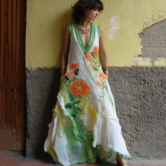 Comstylish Women's Retro Floral Line Stitching Sleeveless Long Dress