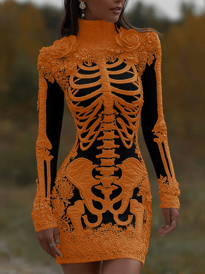Comstylish Comstylish Women's Halloween Skeleton Bones With Rose Art Cozy Knit Turtleneck Mini Sweater Dress