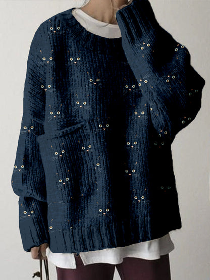Cute Cat Face Pattern Big Pocket Cozy Sweater elevenforest