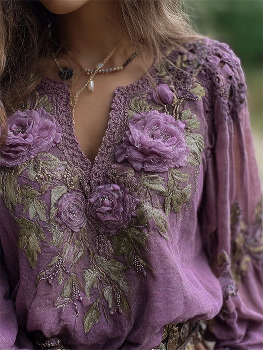 Comstylish Boho Purple Roses Fiber Art Flowy Linen Tunic