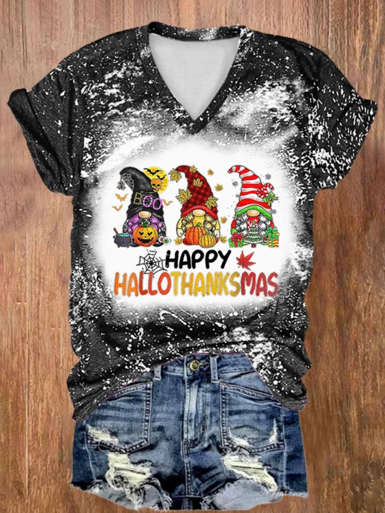 V-neck Tie Dye Happy Hallothanksmas Gnomes Print T-Shirt artswardrobe