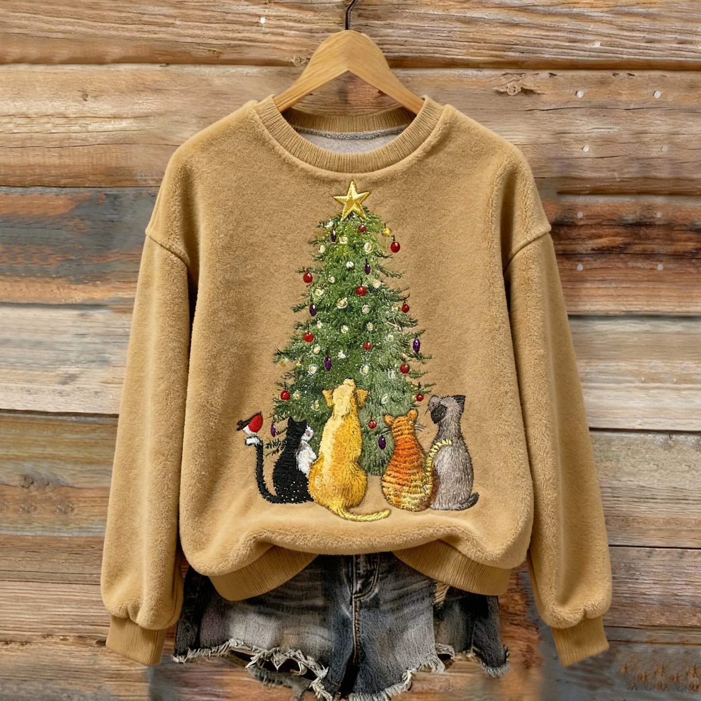 Women's Christmas Cats And Dogs Embroidery Art Comfort Plush Sweatshirt