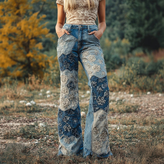 Comstylish Boho Floral Lace Embroidered Patchwork Bootcut Jeans