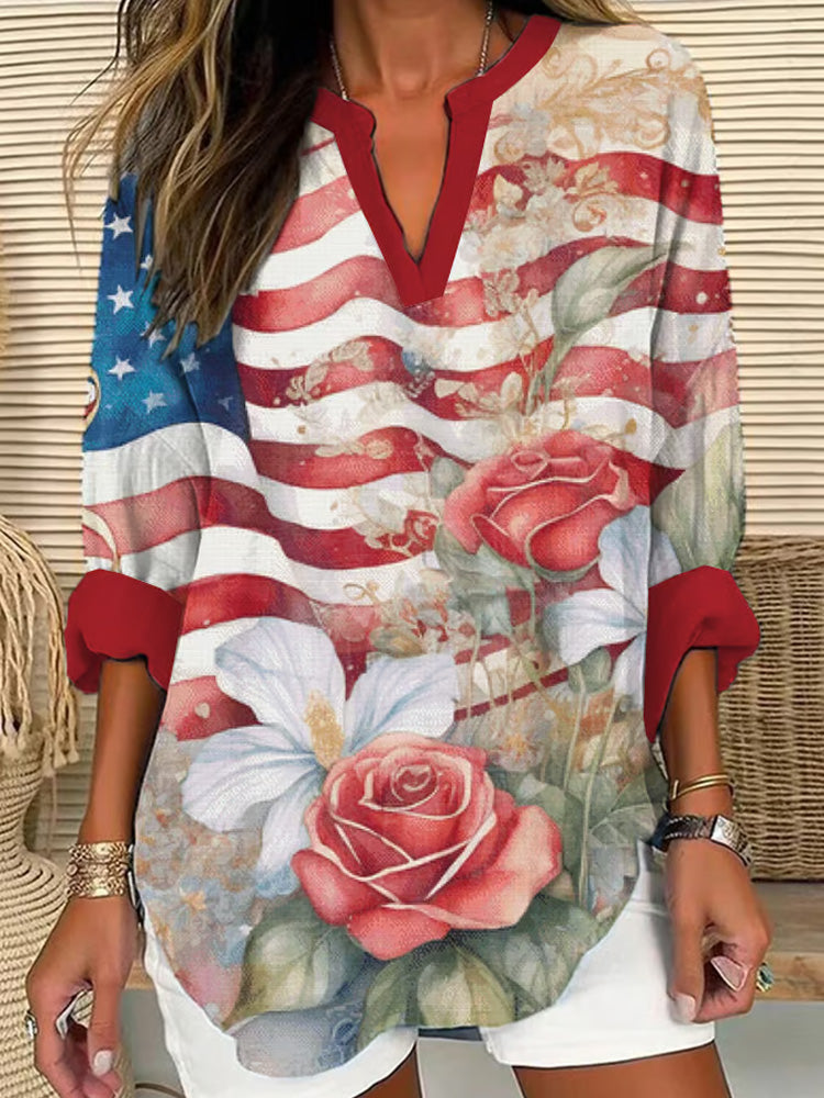 Comstylish Women's Independence Day Flag Floral Print Casual Long Sleeve V-neck Shirt