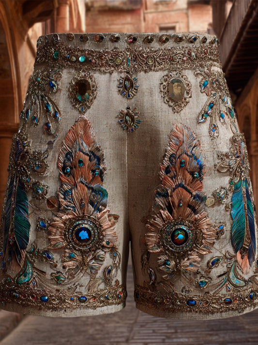 Western-style Three-dimensional Feather Gem Egyptian Vintage Shorts artswardrobe