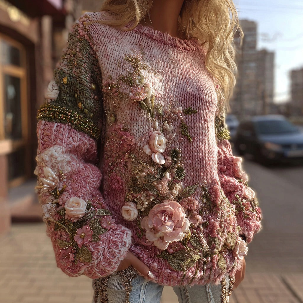 Comstylish Women's Vintage Rose Embroidery Knitted Crew Neck Sweater