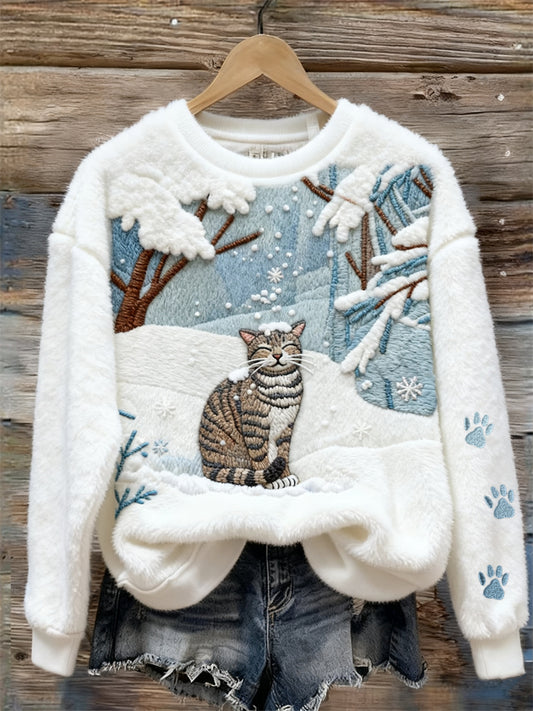 Lovely Cat In Snowy Forest Cozy Plush Sweatshirt