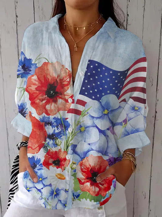 Comstylish Women's Independence Day Flag Floral Casual Lapel Shirt