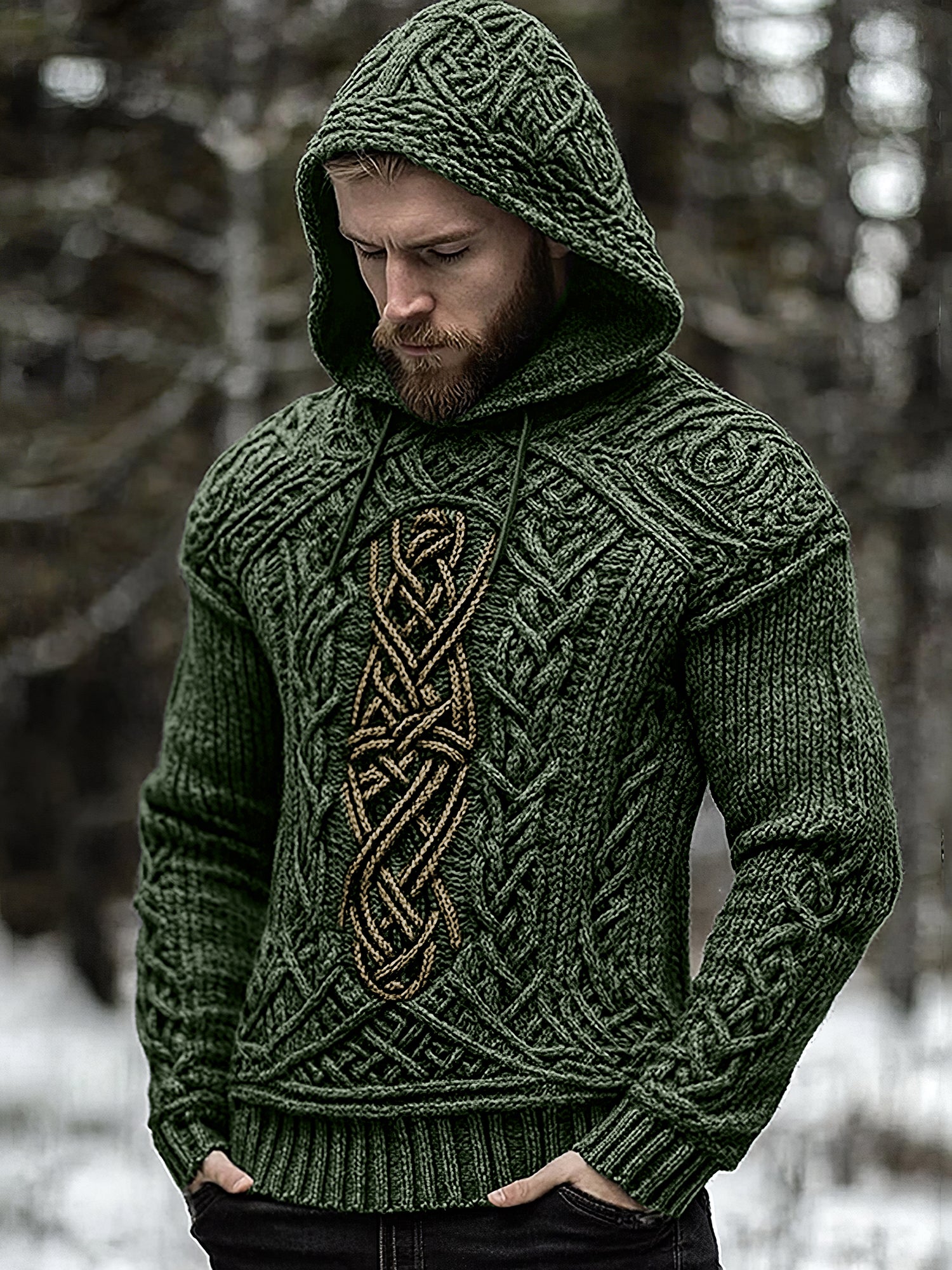 Men's Viking Jacquard Celtic Inspired Cozy Knit Hooded Sweater artswardrobe