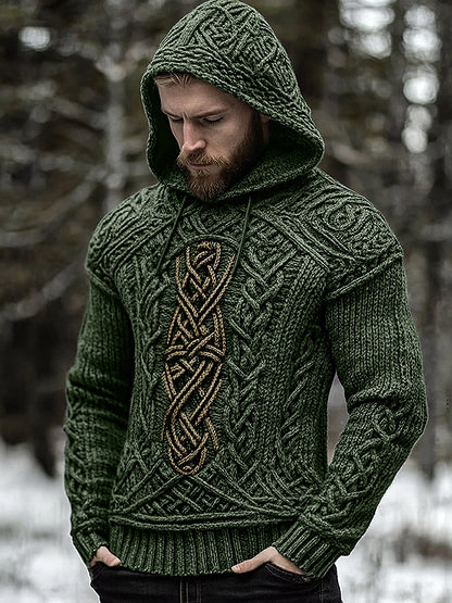 Men's Viking Jacquard Celtic Inspired Cozy Knit Hooded Sweater artswardrobe