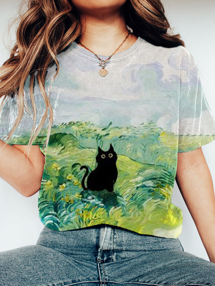 Summer Field & Black Cat Short Sleeve T-Shirt elevenforest
