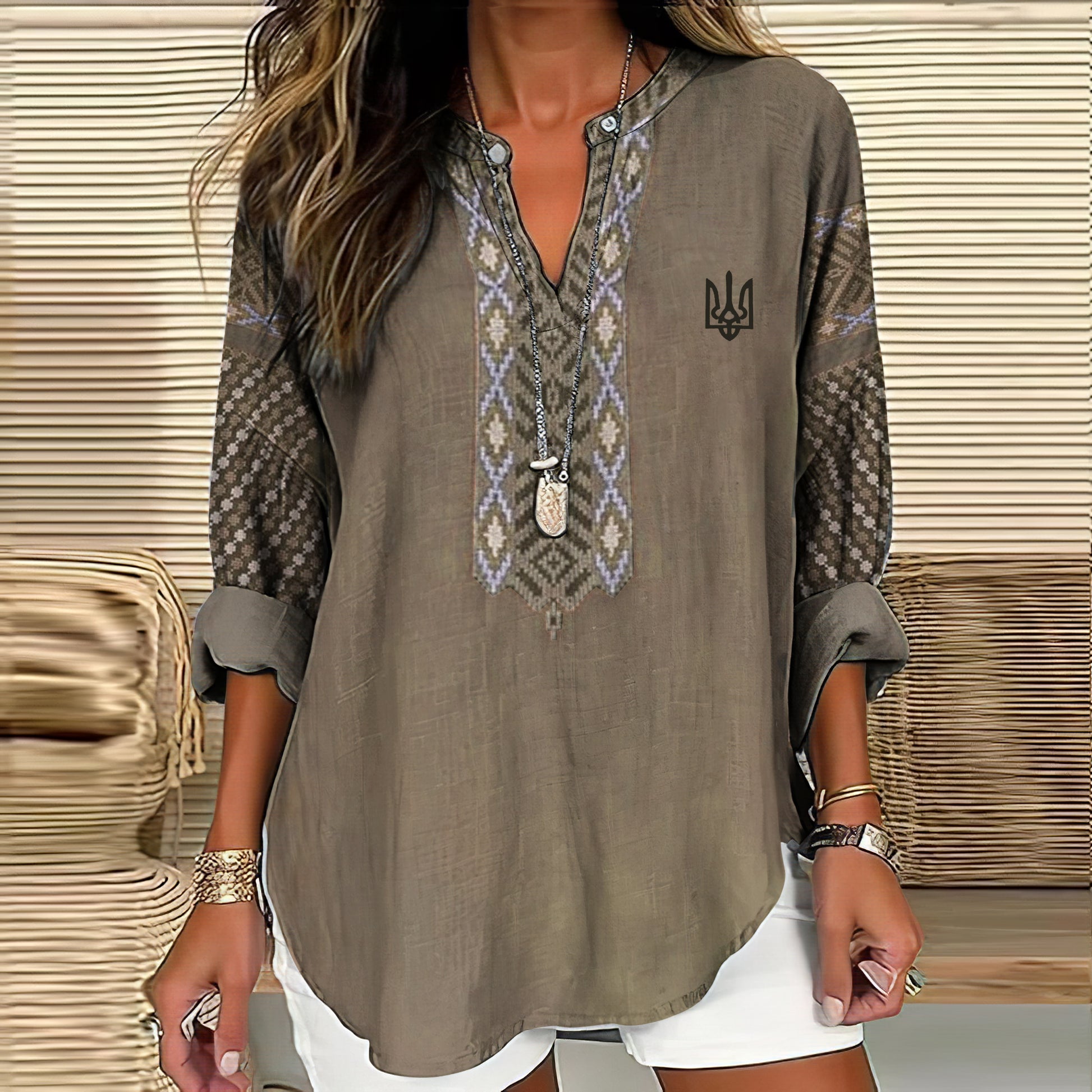 Comstylish Women's Ukraine Ethnic Art Print V-neck Linen Blend Shirt