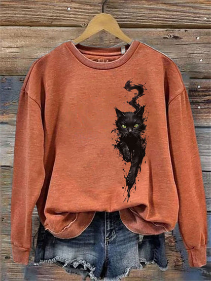 Comstylish Women's Casual Funny Black Cat Print Sweatshirt