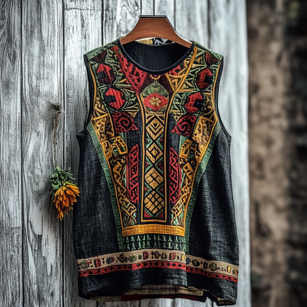 Men's African Ethnic Geometric Juneteenth Art Linen Vest artswardrobe