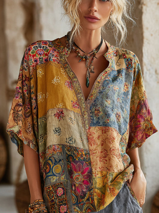 Comstylish Bohemian Style Patchwork Print Vintage Tie-dye V-neck Short-sleeved Shirt