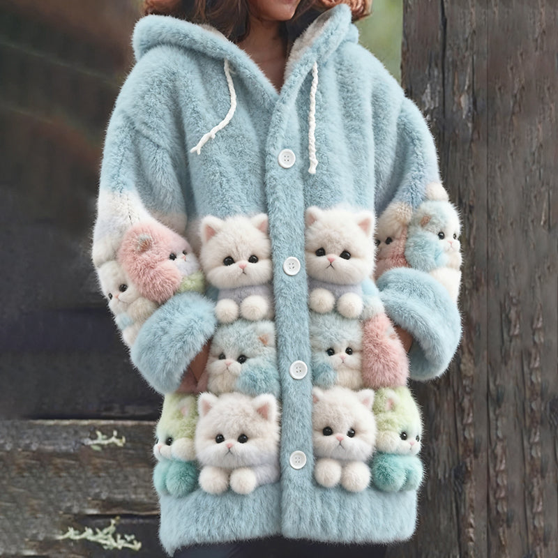 Cute Colorful Cat Art Plush Hooded Cardigan elevenforest