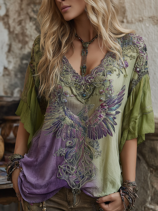 Comstylish Women's Vintage Viking Celtic Knot Phoenix Embroidery Gradient V-neck T-shirt