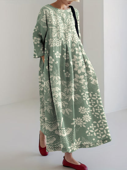 Comstylish Vintage Japanese Art Flower Print Casual Midi Dress