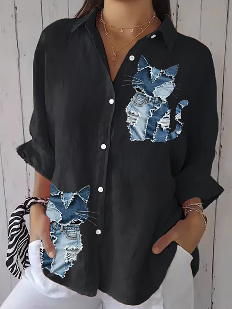 Women's Retro Funny Denim Patch Animal Cat Print Casual Shirt elevenforest