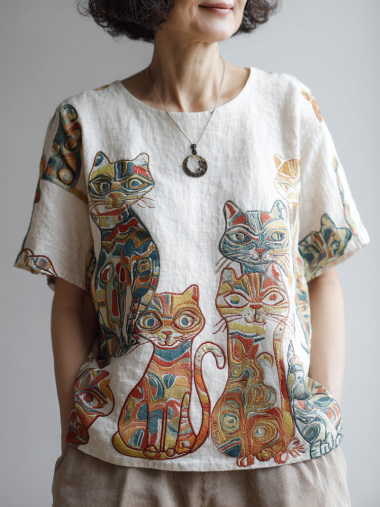 Comstylish Cat Embroidery Short-sleeved Shirt