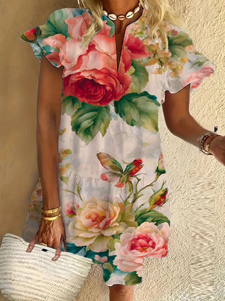 Flower ruffle short-sleeved V-neck button dress holiday beach dress