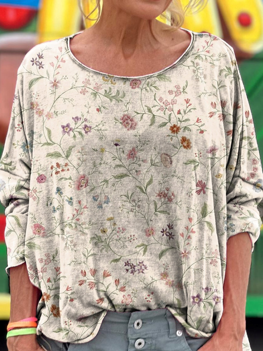 Vintage Floral Embellished Pattern Art Print Casual Long Sleeve T-Shir