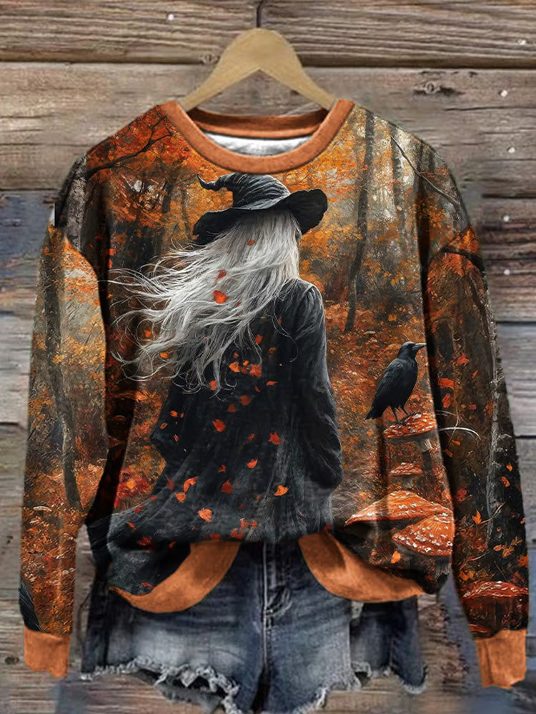 Comstylish Women's Casual Fall Halloween Forest Witch Print Sweatshirt