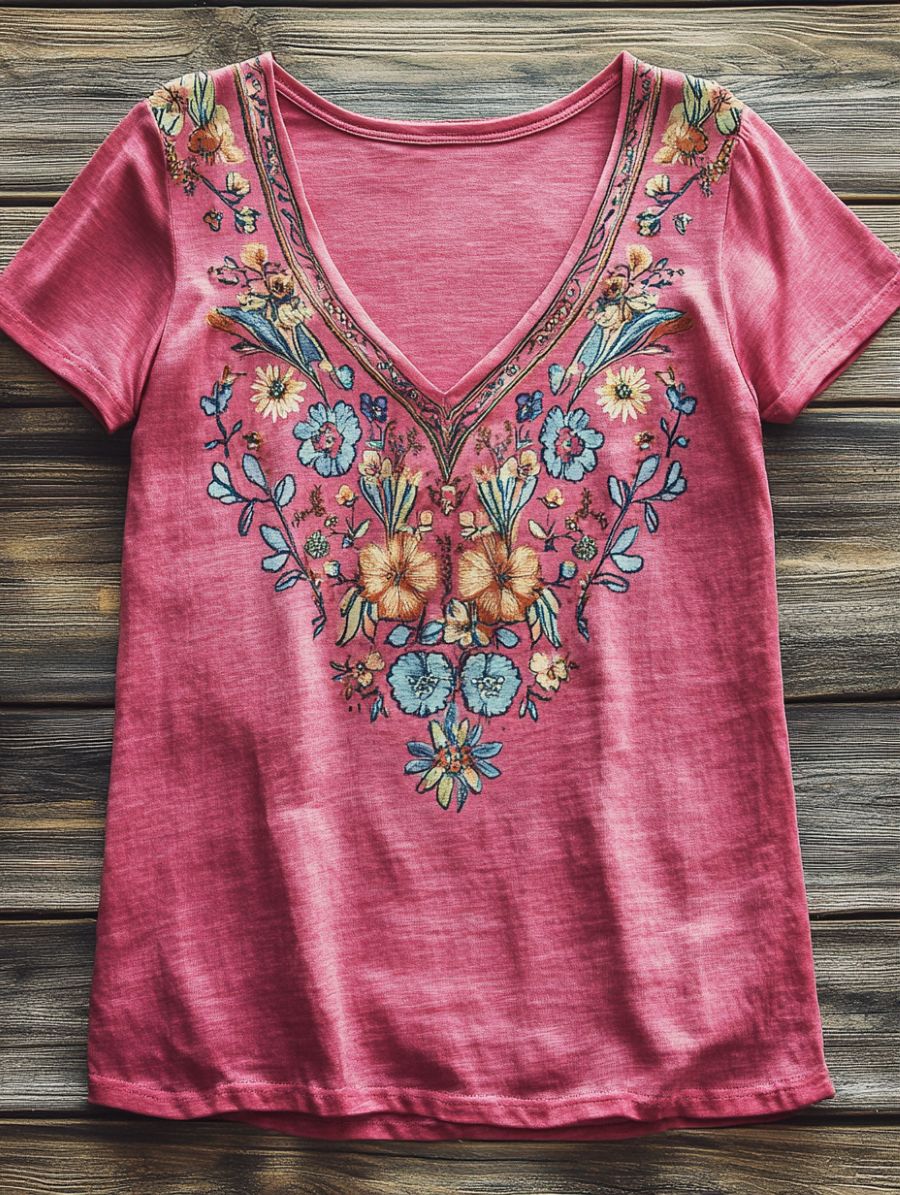 Women's Folk Flower Art Print V-neck Casual Cotton T-Shirt