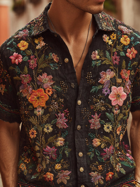 Bohemian Style Three-dimensional Embroidery Multi-colored Flowers Vintage Linen White Men's Lapel Short-sleeved Shirt artswardrobe