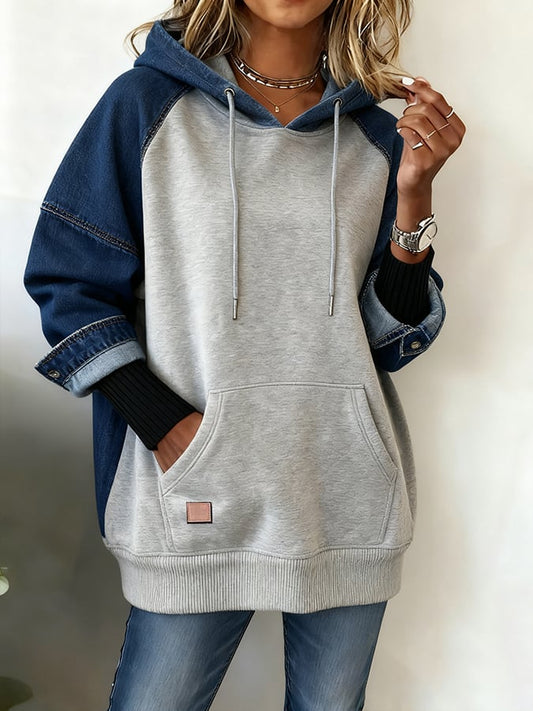 Women'S Casual Hooded Contrast Color Stitching Sweatshirt 