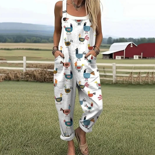 Women's Chicken Art Print Casual Jumpsuit artswardrobe