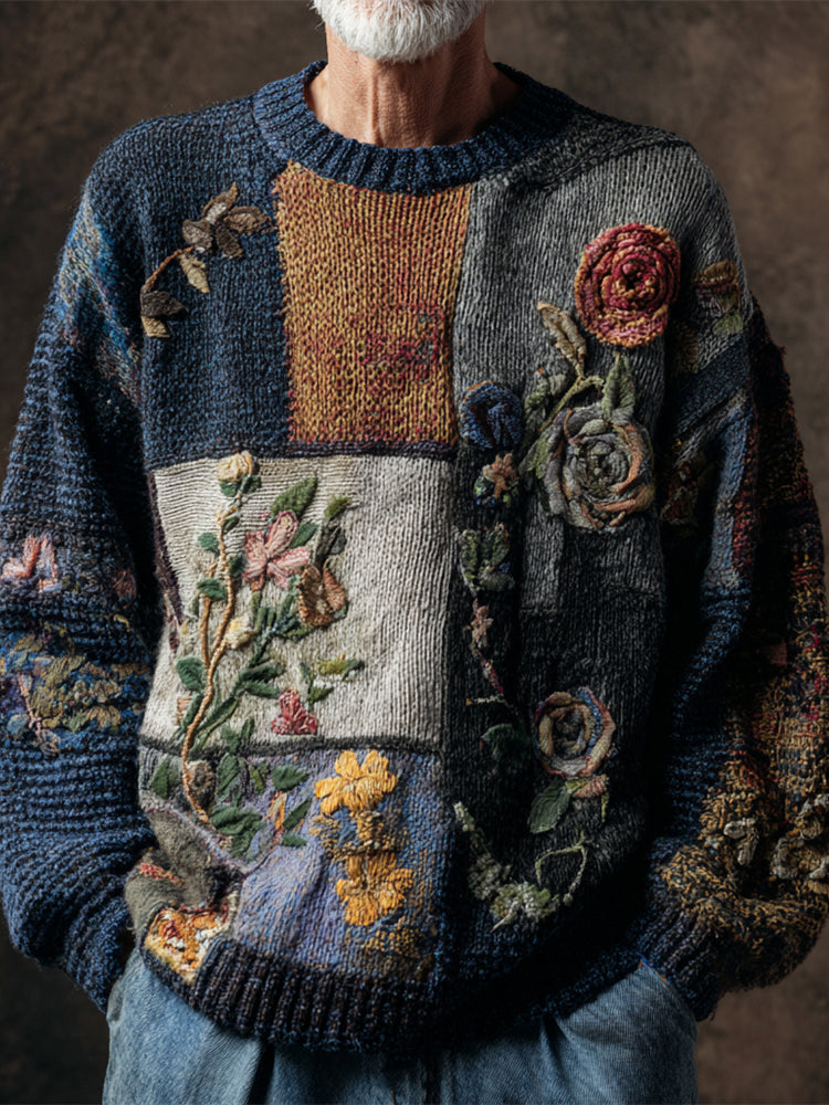 Boho Vintage Floral Patchwork Pattern Men's Knit Sweater elevenforest