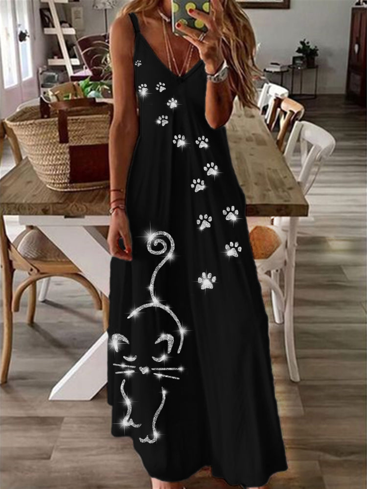 Cat & Paw Prints Glitter Art Cami Maxi Dress