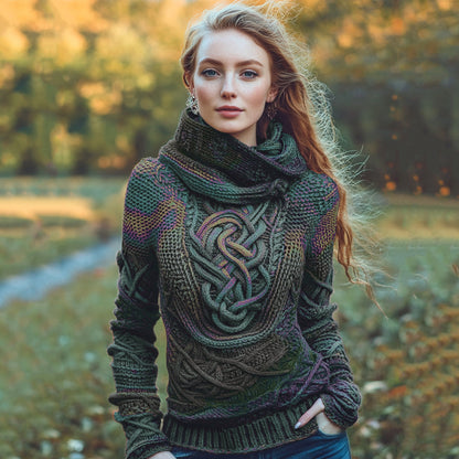 Women's Irish Rainbow Pattern Jacquard Pocket Cozy Hooded Sweater elevenforest