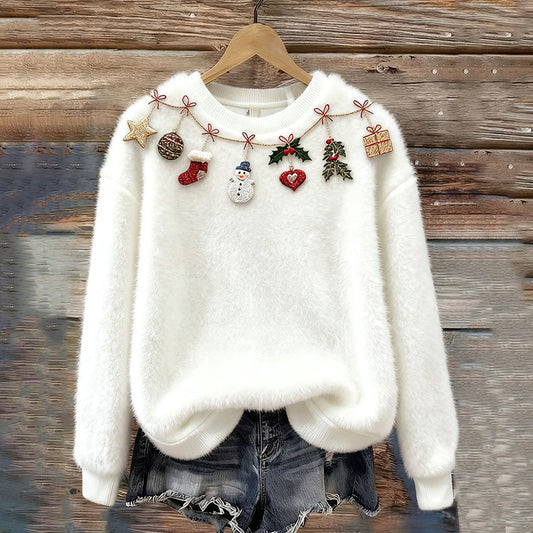 Women's Christmas Embroidered Cozy Crew Neck Plush Sweatshirt