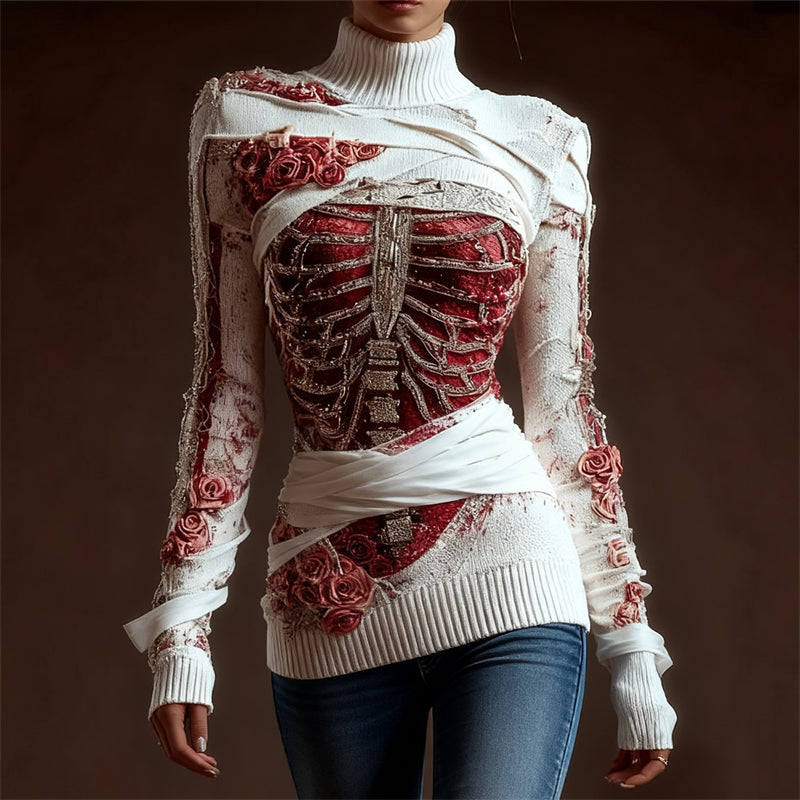 Comstylish Classy Skeleton Anatomy Bloody Roses Bandages Turtleneck Sweater