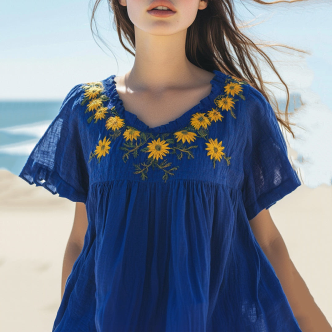 Comstylish Vintage Sunflower Embroidered Art Cotton Linen Comfy V-neck Shirt