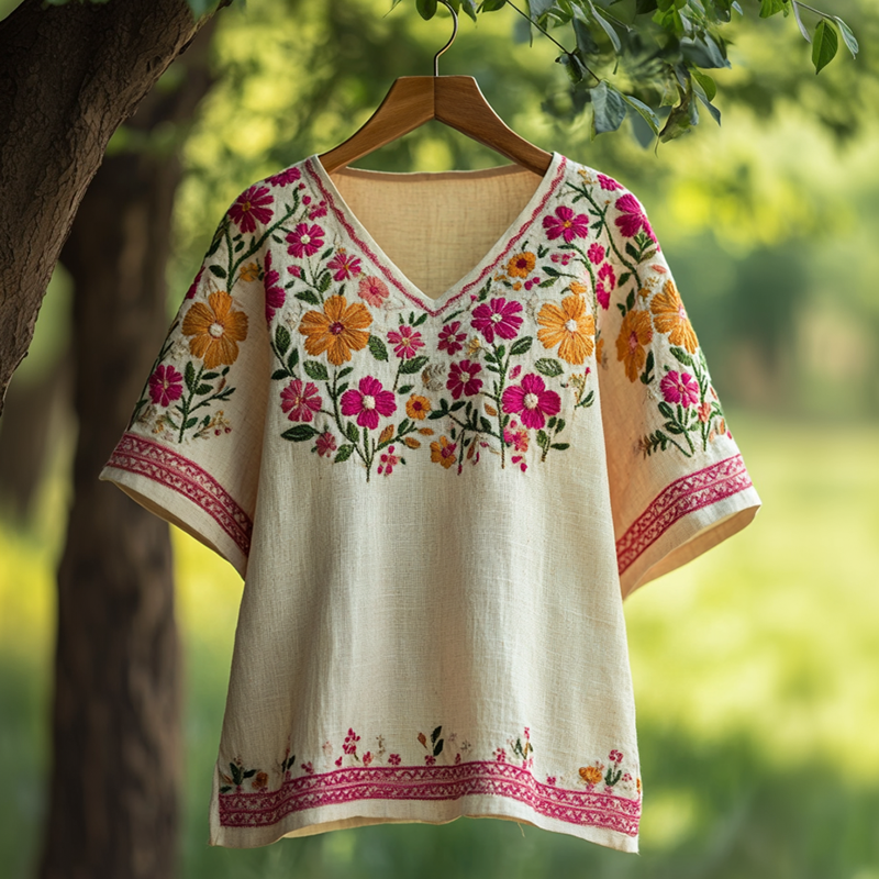 Women's Bohemian Vacation Floral V-neck T-shirt artswardrobe