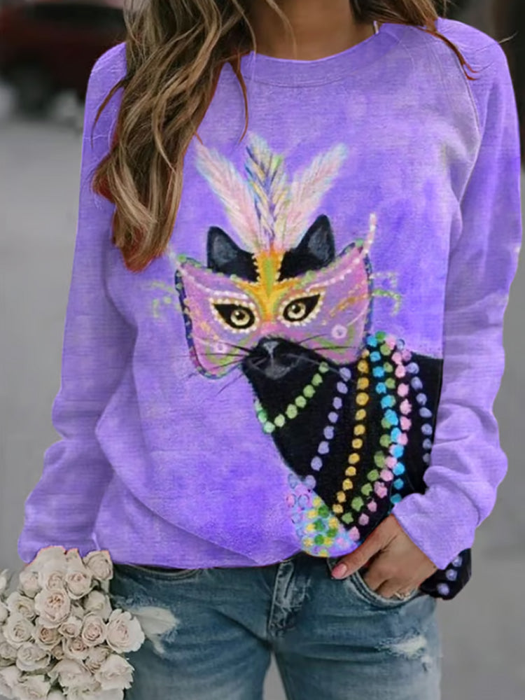 Comstylish Women's Cat Mardi Gras Print Casual Sweatshirt
