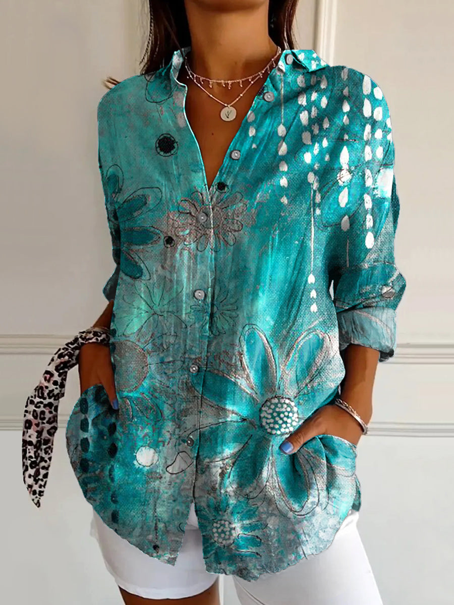 Women's Art Painting Blue Floral Vintage Print Stand Collar Long Sleev