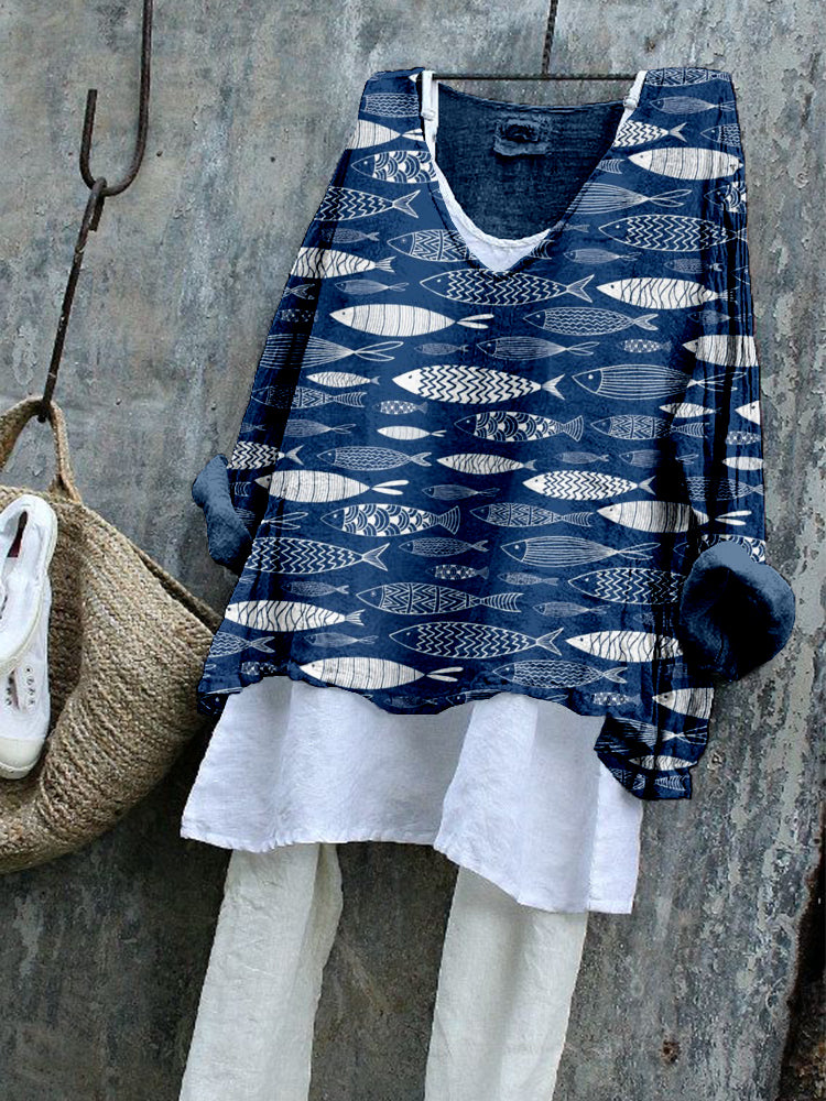 Comstylish Vintage Fish Art Pattern Linen Blend Flowy Tunic