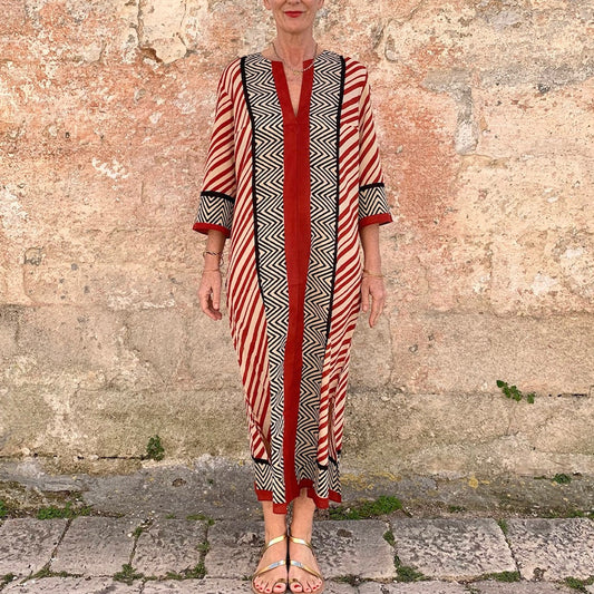 Comstylish Abstract Art Striped Print Linen Blend Dress
