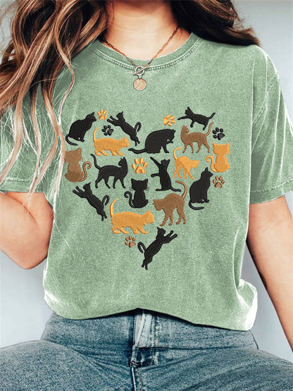 Love Cat Embroidery Printed T-shirt elevenforest