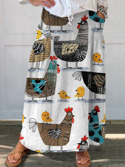 Cartoon Drawing Cute Chicken Printed Women's Casual Cotton And Linen