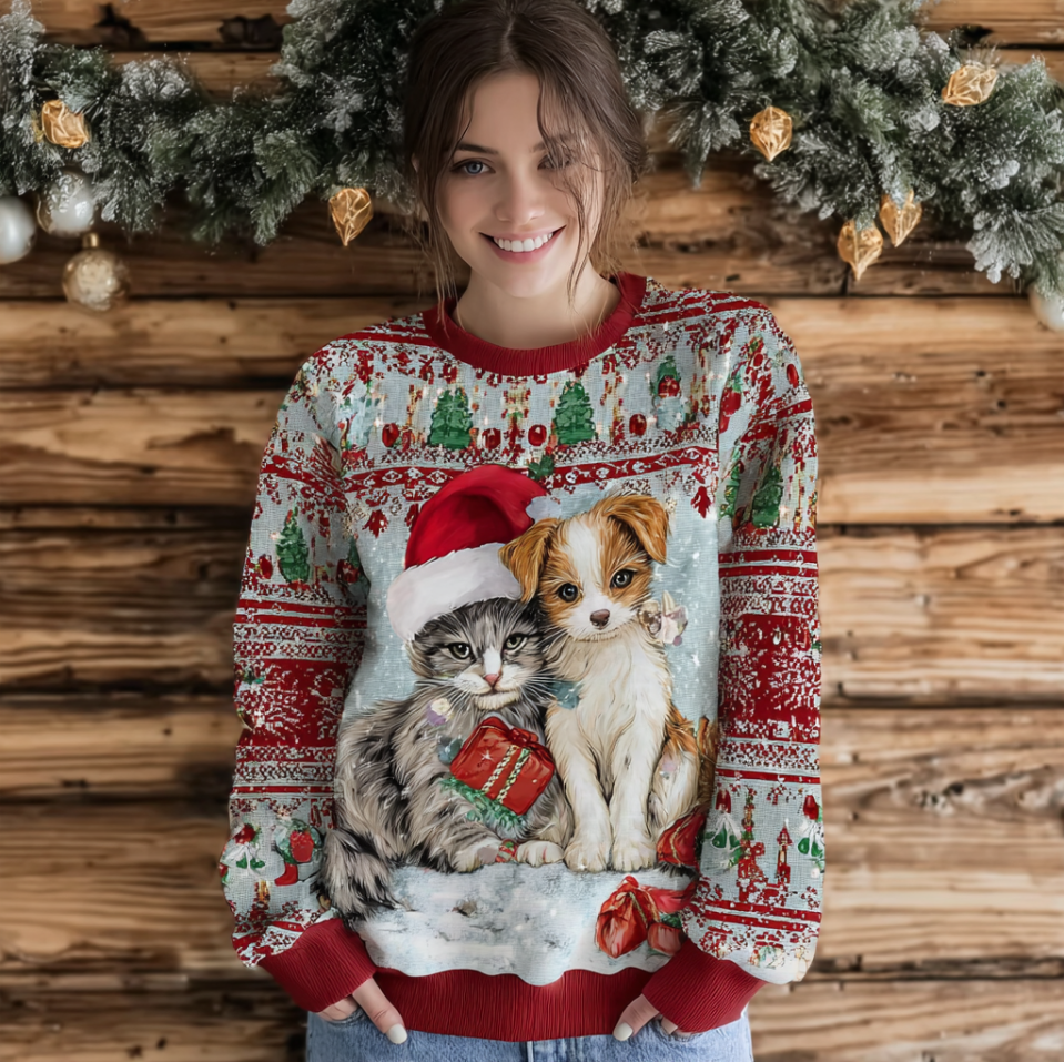 Merry Christmas Warm Pet Design Women's Round Neck Sweatshirt elevenforest