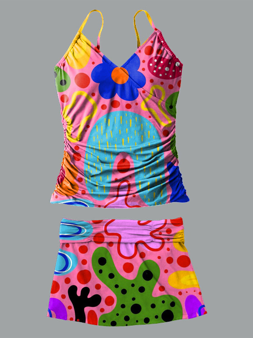 Colorful Flower V-Neck Vintage Flowers Print Suspender Skirt Tankini Pantskirt Set Swimsuit
