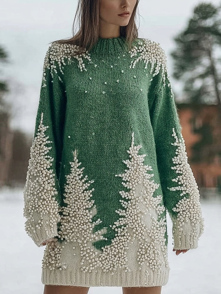 Vintage Christmas Trees Beads Embroidered Cozy Sweater Dress artswardrobe