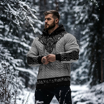 Men's Viking Tribal Jacquard Celtic Inspired Chunky Knit Hooded Sweater artswardrobe